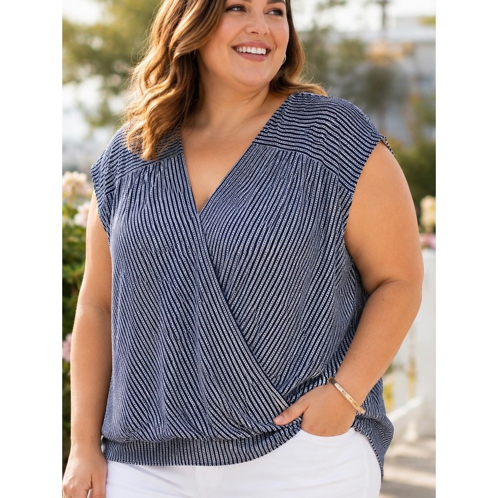 Max Studio Womens Top Black 1X Striped Wrap Blouse Work Office Casual Wrap